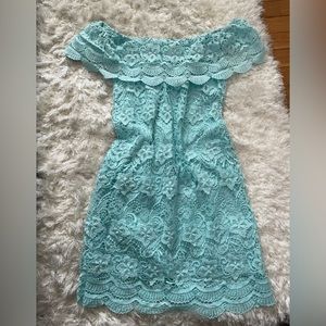 Lulus off shoulder lace knit baby blue bodycon dress